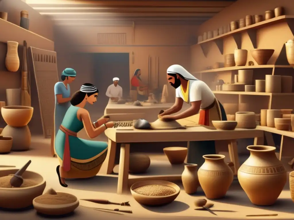Vibrante taller en el antiguo Egipto, muestra la organización laboral en talleres reales