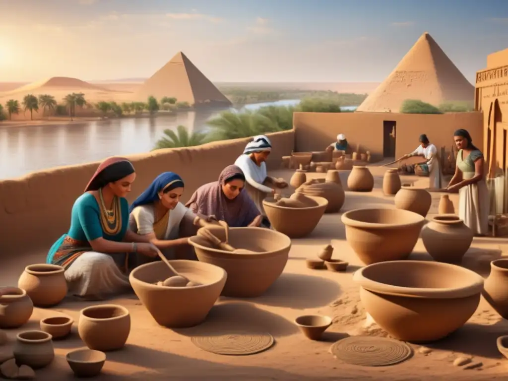 Vibrante taller de alfarería en el antiguo Egipto a orillas del Nilo