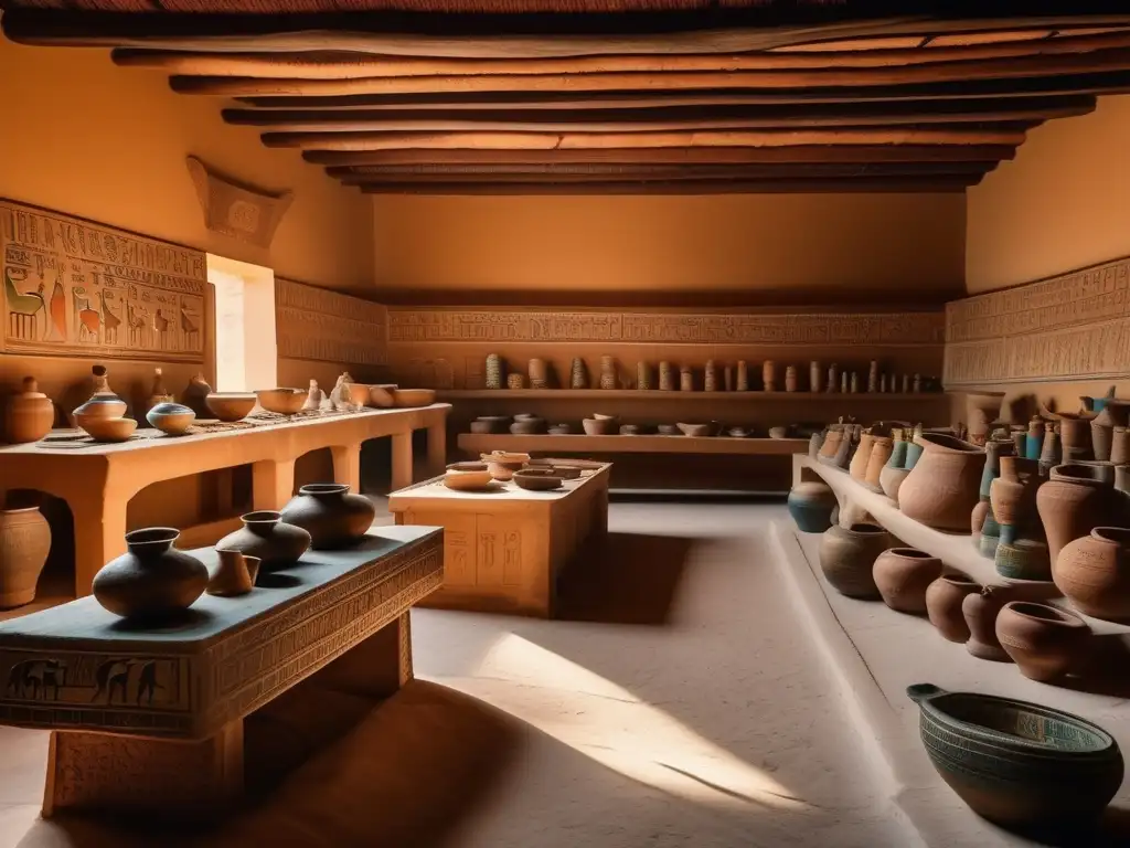 Vibrante taller de cerámica en el antiguo Egipto milenario, donde artesanos desarrollan su destreza y creatividad
