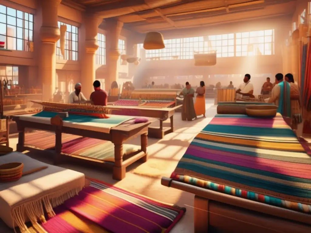 Vibrante taller textil en el antiguo Egipto, reflejo de la economía egipcia y su creatividad artesanal