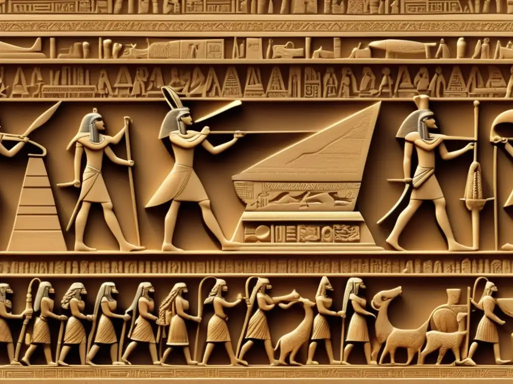 Vibrante ilustración vintage con la técnica tallado obeliscos Egipto, muestra artesanos meticulosos y la majestuosidad de su ingeniería