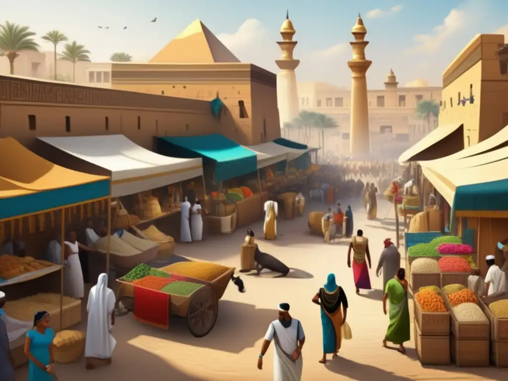 Una vibrante vida cotidiana en el Antiguo Egipto se despliega en un bullicioso mercado, donde coloridos puestos y vendedores venden diversos bienes