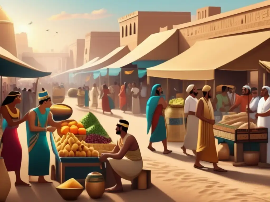 Vibrante vida cotidiana en el Imperio Nuevo de Egipto: un bullicioso mercado con mercaderes y compradores regateando precios