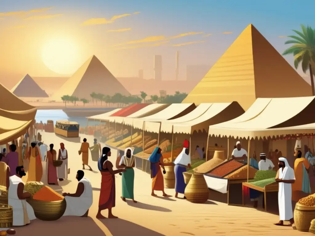 Una ilustración vibrante y vintage de un bullicioso mercado egipcio antiguo, rodeado de las majestuosas pirámides y el río Nilo