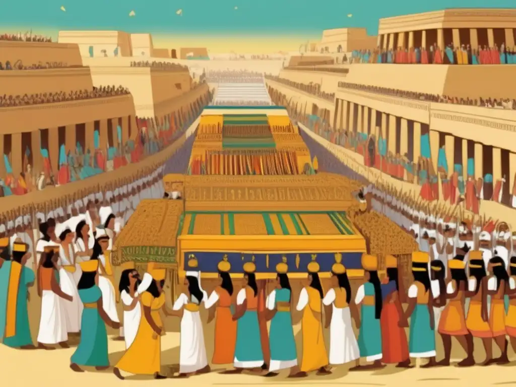 Una ilustración vibrante y vintage del Festival Opet en la antigua Tebas, Egipto