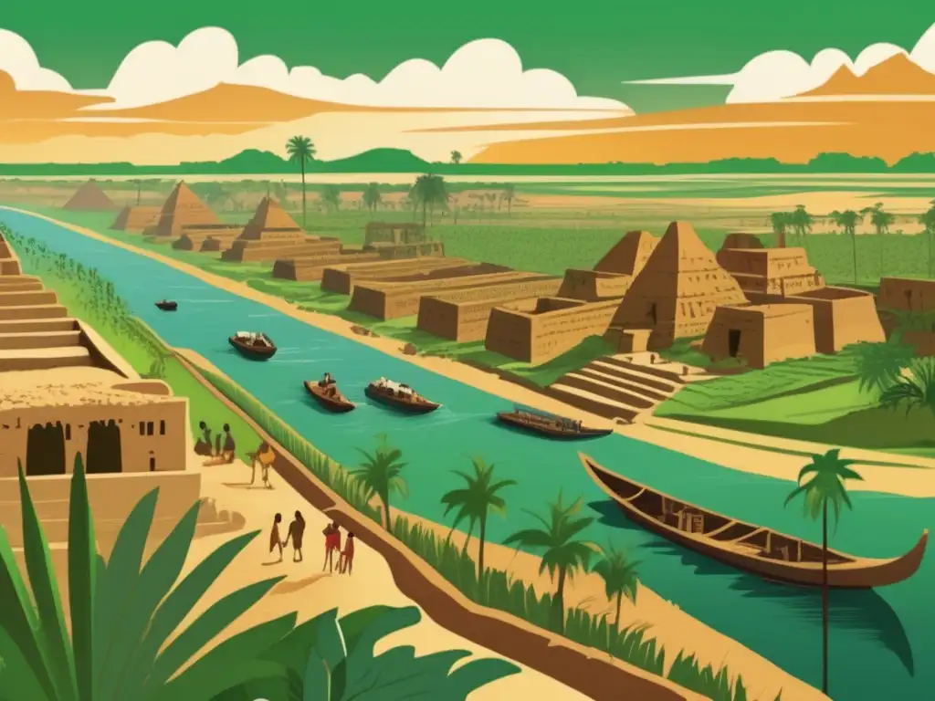 Vibrantes asentamientos en el Delta del Nilo: una ilustración vintage muestra la bulliciosa ciudad con edificios de ladrillos de barro y jeroglíficos, el río Nilo, campos verdes y palmeras