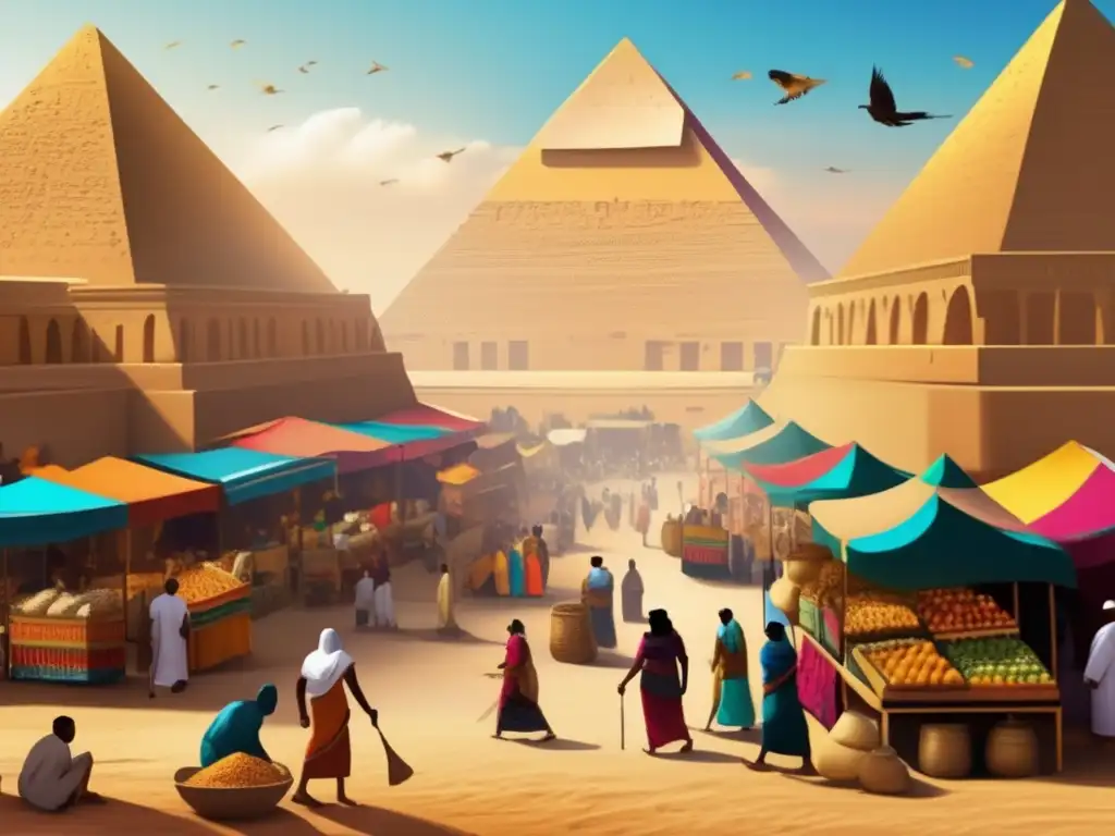 Vida cotidiana en el Antiguo Egipto: Un bullicioso mercado frente a las icónicas pirámides