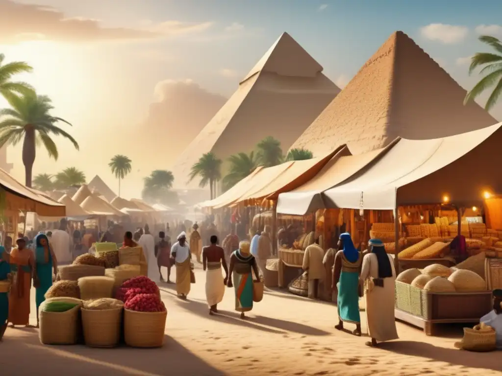 Vida cotidiana en el antiguo imperio: Un bullicioso mercado egipcio antiguo, lleno de colores vibrantes y costumbres tradicionales