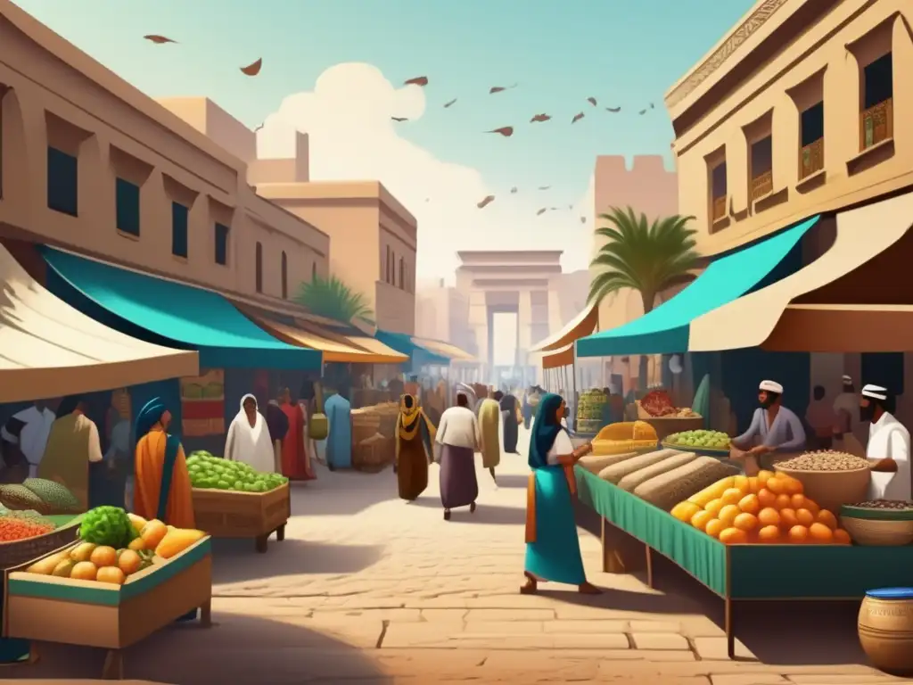 Vida cotidiana en el antiguo imperio: Un vibrante mercado egipcio con colores, mercaderes y compradores, muestra las costumbres del antiguo Egipto