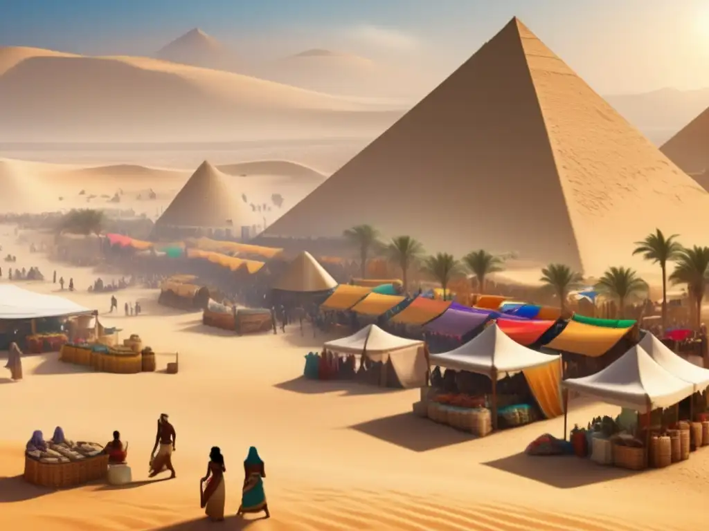 Vida cotidiana en el Antiguo Egipto: un mercado bullicioso bajo las pirámides, con colores, aromas y comerciantes mostrando sus productos