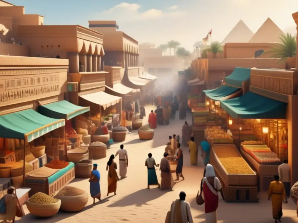 Vida cotidiana en el Antiguo Egipto: Un vibrante mercado con mercaderes y compradores en una animada calle llena de productos y aromas exóticos