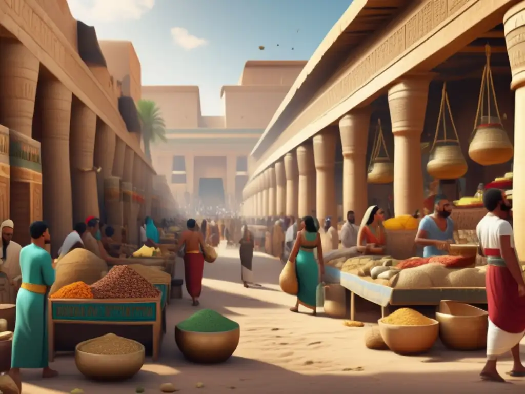 Vida cotidiana de antiguos egipcios en un animado mercado, con papiros y baratijas