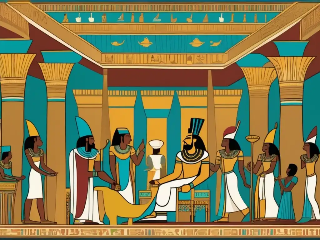 La vida cotidiana en la corte durante el reinado de Ramsés II: un salón ricamente decorado con pilares tallados y tapices vibrantes