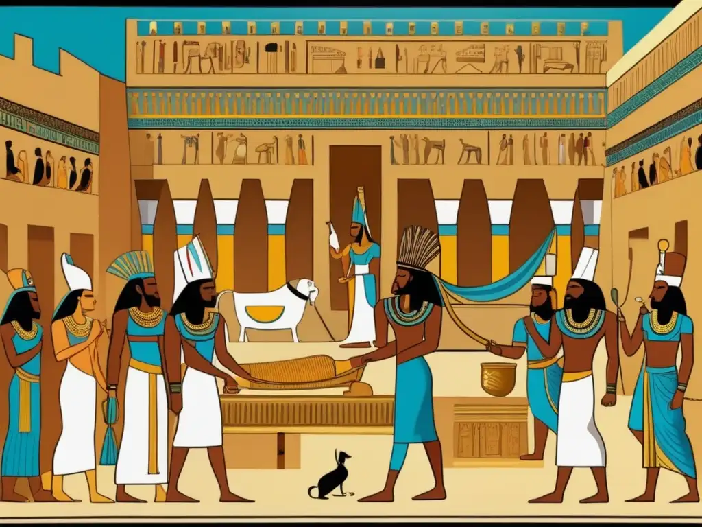Vida cotidiana en la corte durante el reinado de Ramsés II, con gran detalle y opulencia