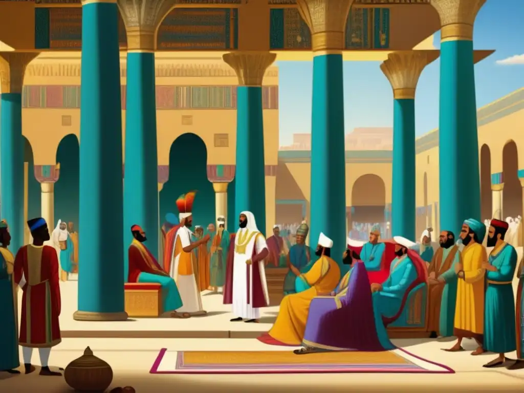 Vida cotidiana en la corte del reinado de Ramsés II: vibrante y majestuosa escena en un gran patio adornado con columnas e murales coloridos