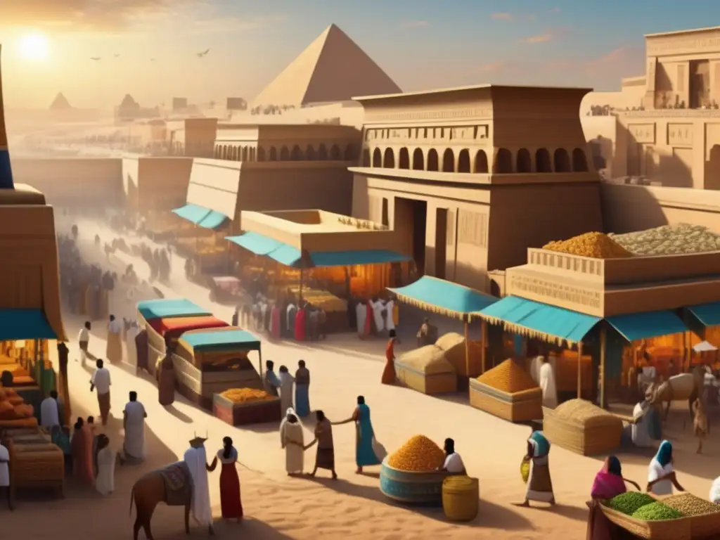 Vida cotidiana en el Imperio Nuevo de Egipto: un bullicioso mercado antiguo con colores vibrantes y detalles intrincados