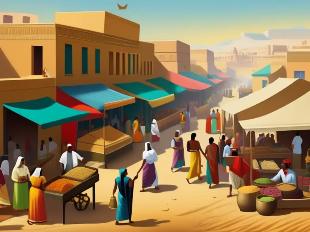 Vida cotidiana en el imperio nuevo de Egipto: animado mercado en Tebas con mercaderes y clientes intercambiando en un escenario vibrante y auténtico