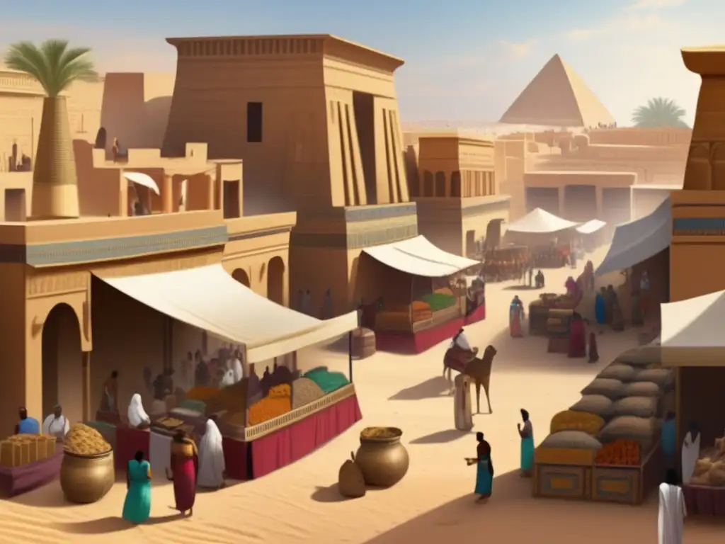 Vida cotidiana en el Egipto del Segundo Periodo Intermedio: Un mercado bullicioso con vendedores, mercancías y colores vibrantes