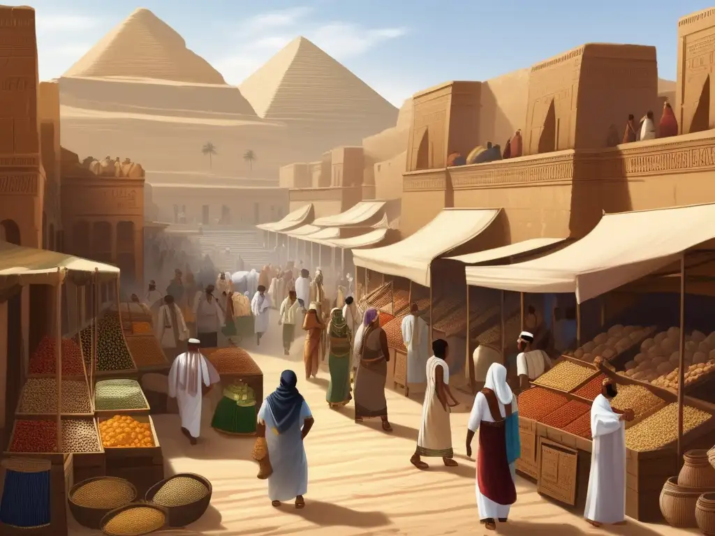 Vida cotidiana en Egipto durante el Segundo Periodo Intermedio: Mercado bullicioso con vendedores, colores vibrantes y el encanto del antiguo Egipto