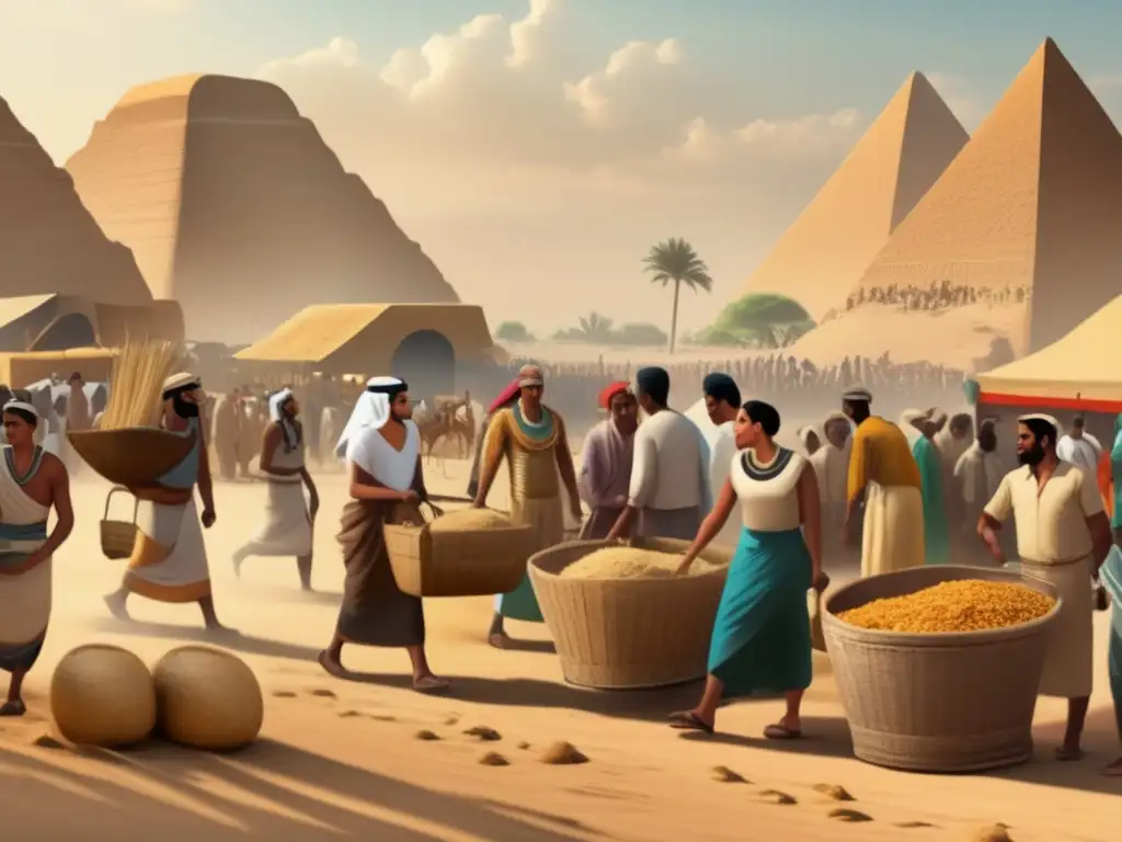 Vida cotidiana trabajadores Antiguo Egipto: Imagen detallada de la armonía entre trabajadores, tierras fértiles y majestuosas pirámides al atardecer