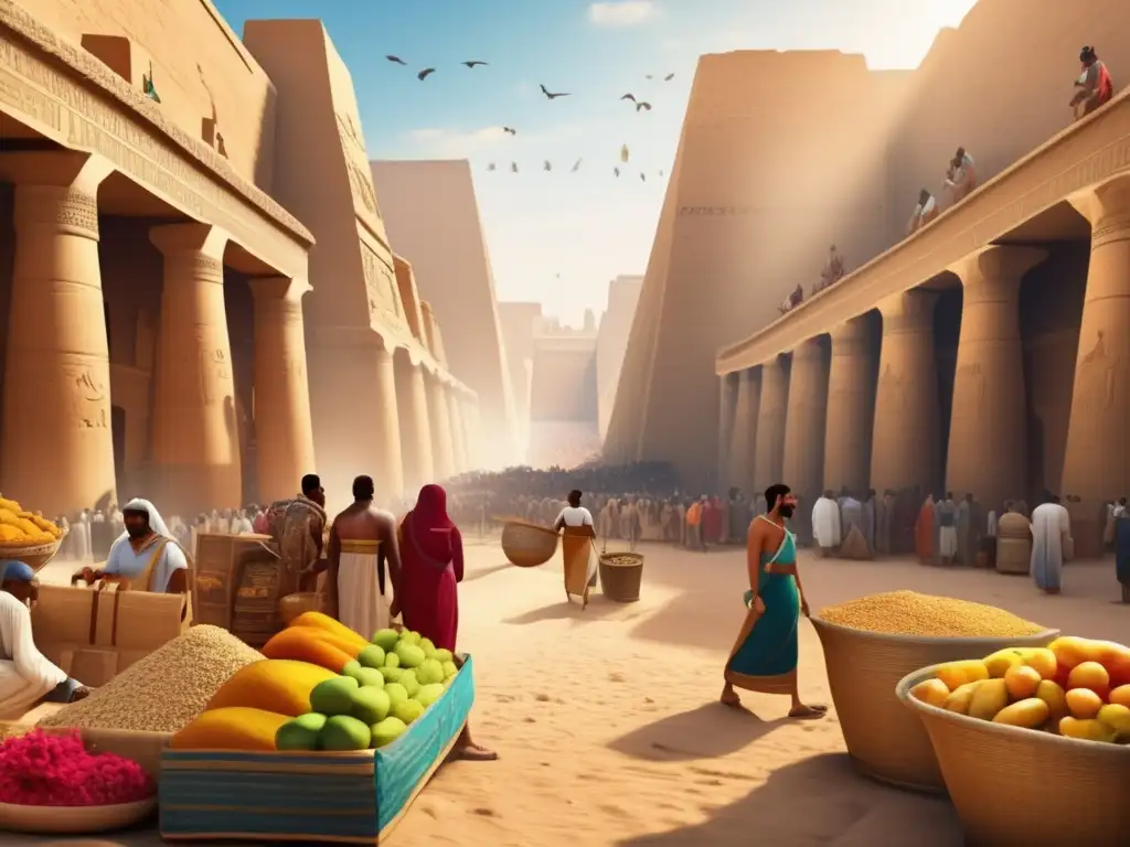 Vida cotidiana de trabajadores en el Antiguo Egipto: Un bullicioso mercado, labores agrícolas, construcción de estructuras y un festín comunitario, todo en una imagen detallada de la vida en el pasado