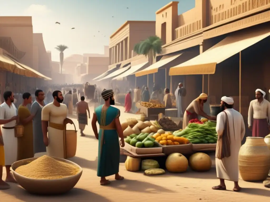 Vida diaria en el Egipto Predinástico: Un animado mercado donde se negocian productos frescos, se exhiben cerámicas y se tallan jeroglíficos en piedra
