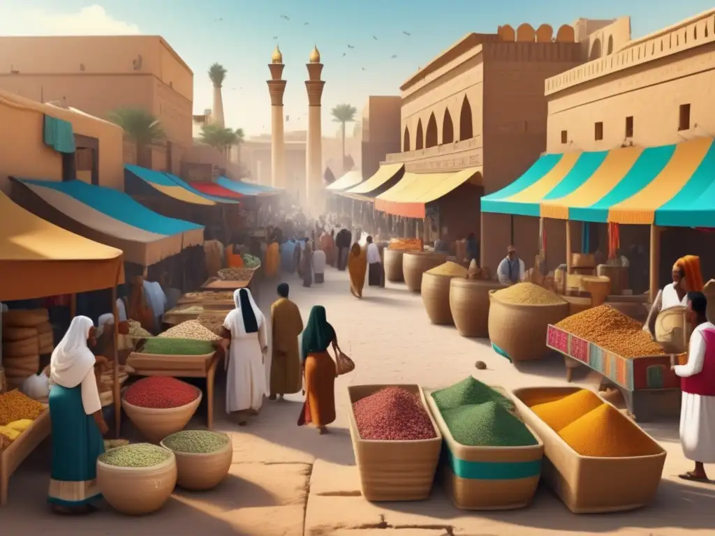 Vida económica en Luxor, Egipto: un bullicioso mercado con colores vibrantes, exóticas especias, textiles y alfarería