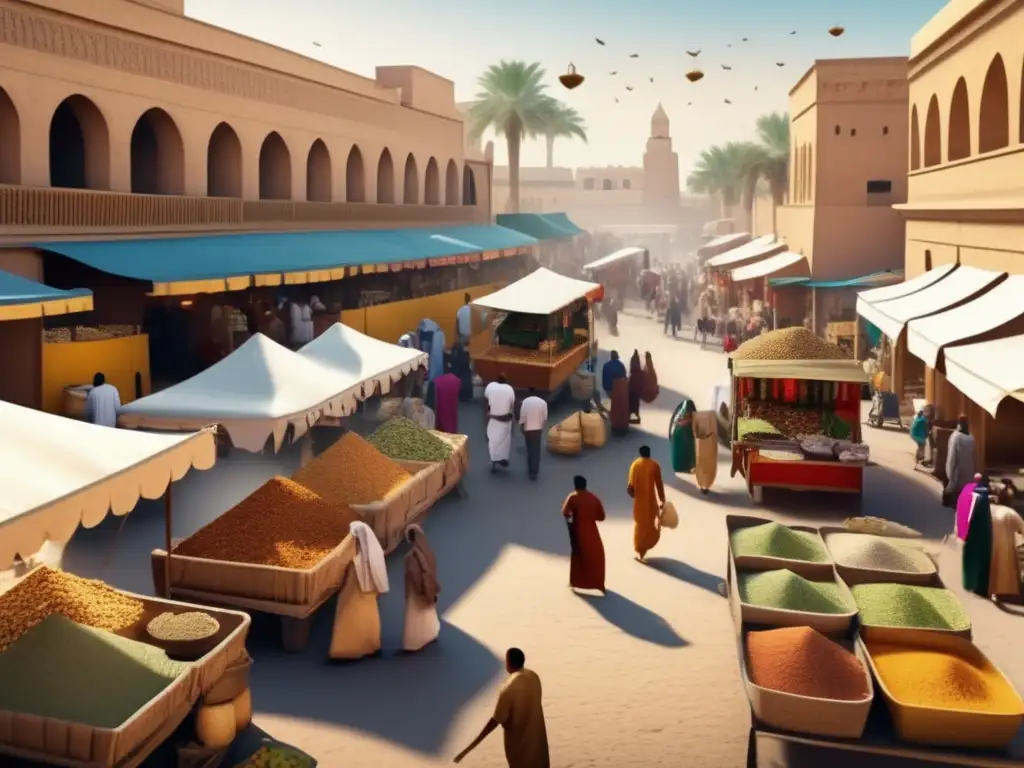 Vida económica en Luxor en Egipto: Una vibrante escena de mercado en la antigüedad, con comerciantes y productos exóticos