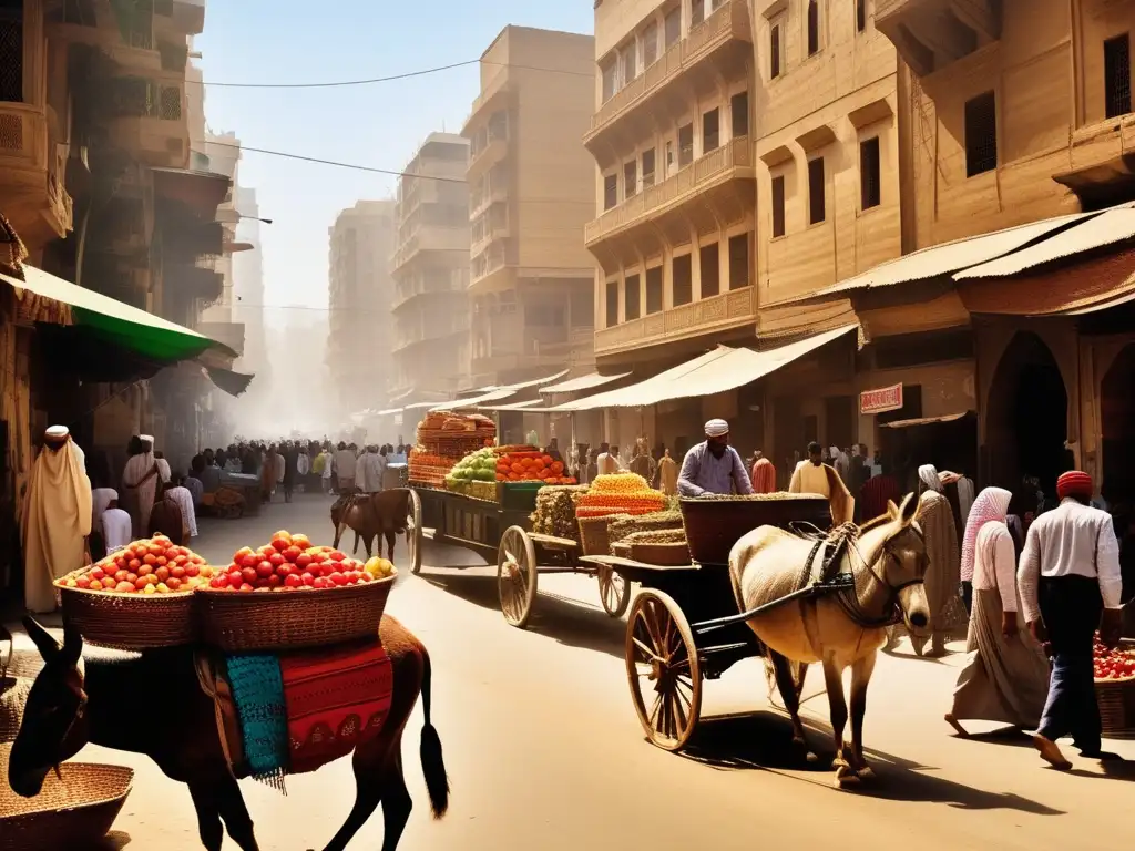 La vida rural y urbana en Egipto se entrelazan en esta imagen vintage de una calle bulliciosa en El Cairo