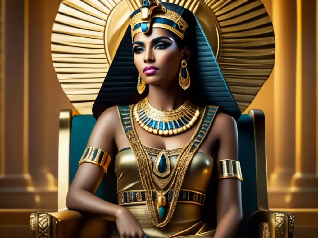 La vida de Cleopatra VII cobra vida en esta imagen detallada, donde se muestra sentada en su trono con majestuosidad regia