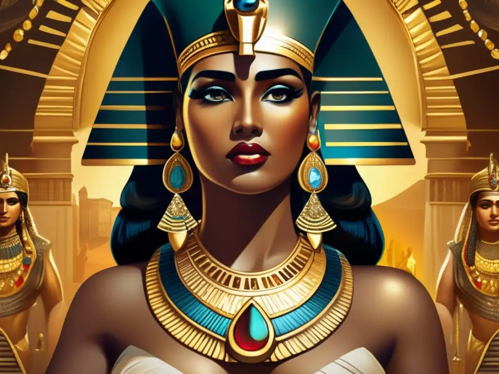 La vida de Cleopatra VII cobra vida en una ilustración vintage inspirada, mostrando su poder y lucha en Roma