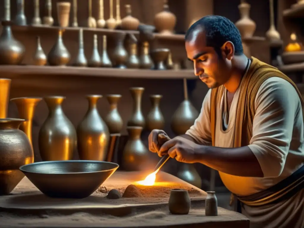 Un vidriero egipcio antiguo trabaja con habilidad en un taller tenue