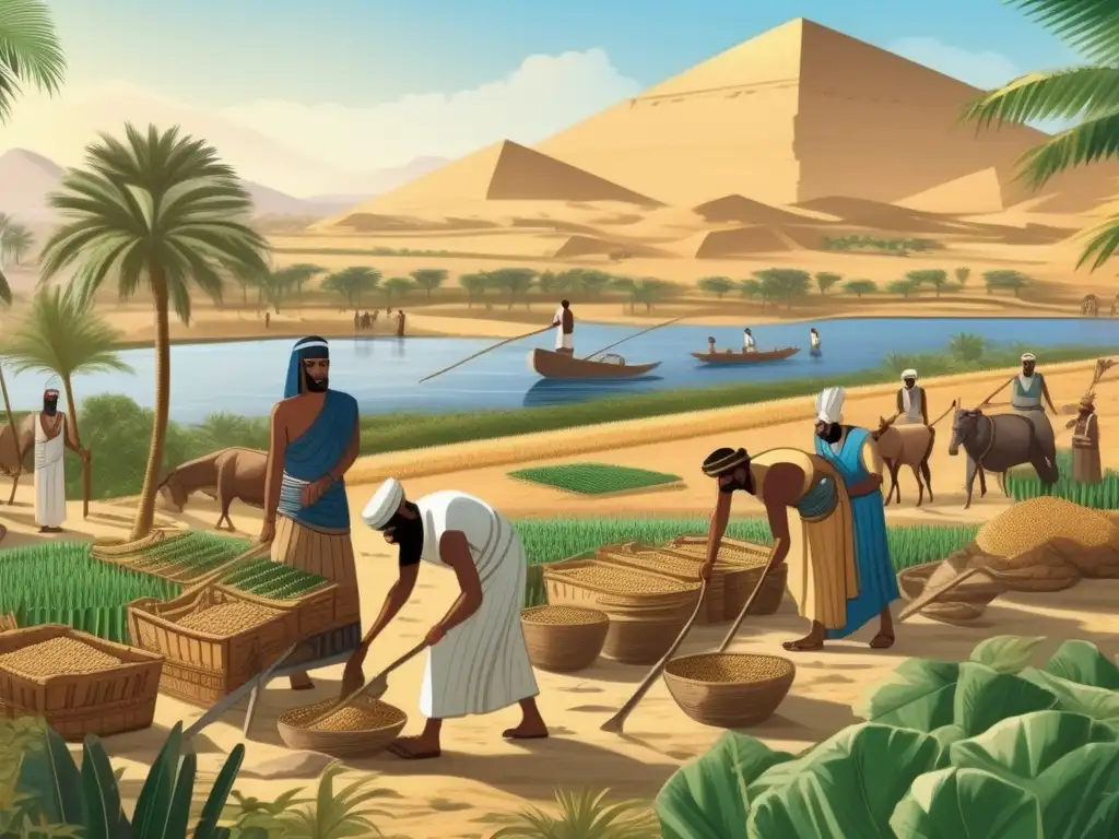 Una ilustración vintage detallada en 8k: Agricultores egipcios antiguos trabajando en los campos junto al Nilo