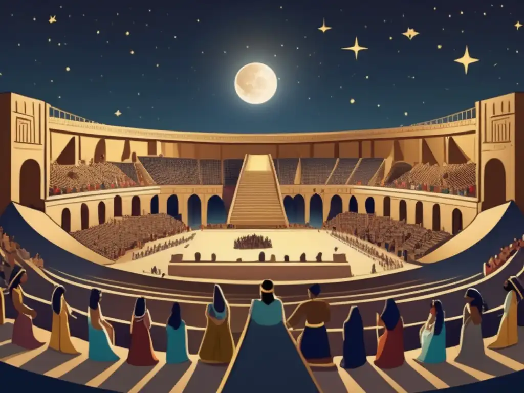 Una ilustración vintage detallada en 8k muestra un antiguo anfiteatro al aire libre en Egipto