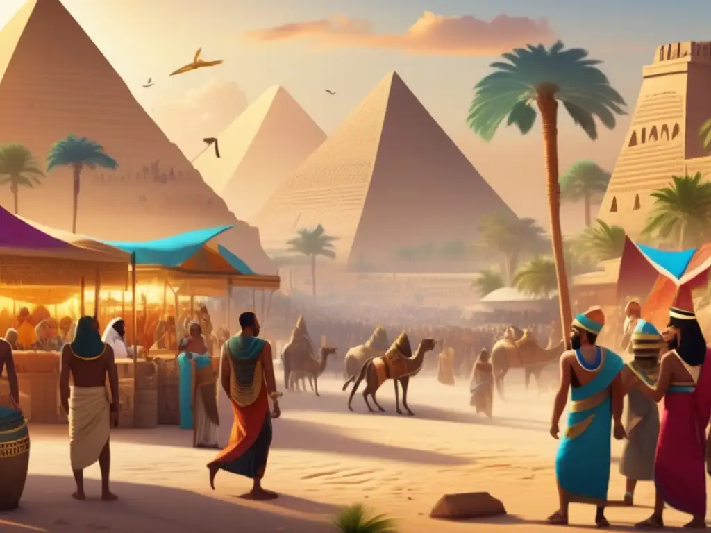 Una ilustración vintage detallada que muestra un bullicioso mercado en el antiguo Egipto