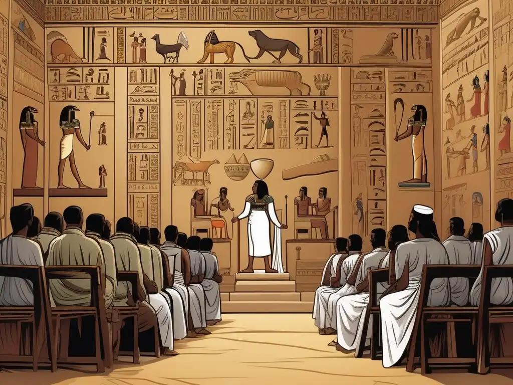 Una ilustración vintage detallada muestra una escena de aula antigua egipcia