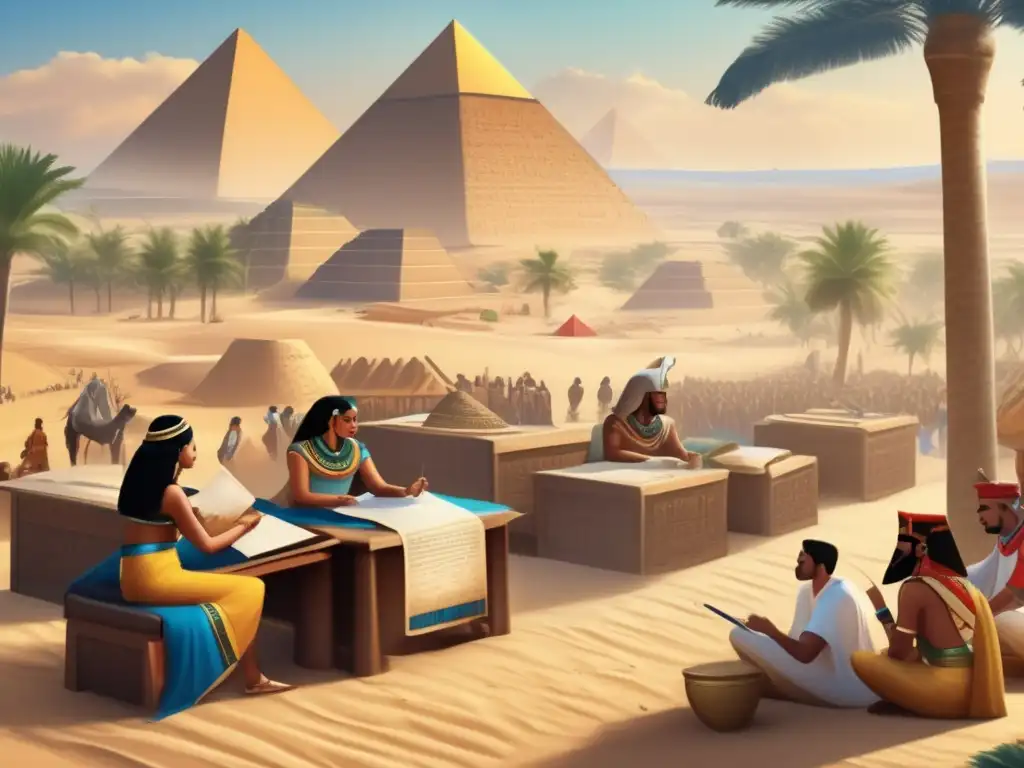 Una ilustración vintage detallada en 8k muestra una escena bulliciosa en el antiguo Egipto