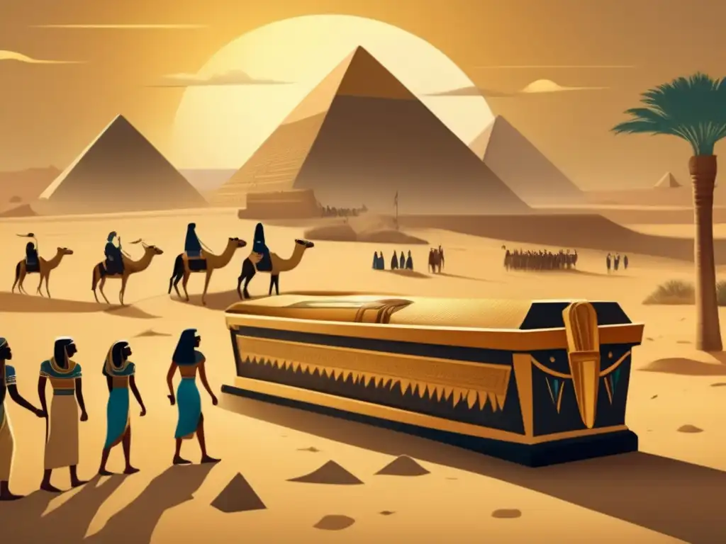 Una ilustración vintage detallada que retrata una escena de entierro en el antiguo Egipto