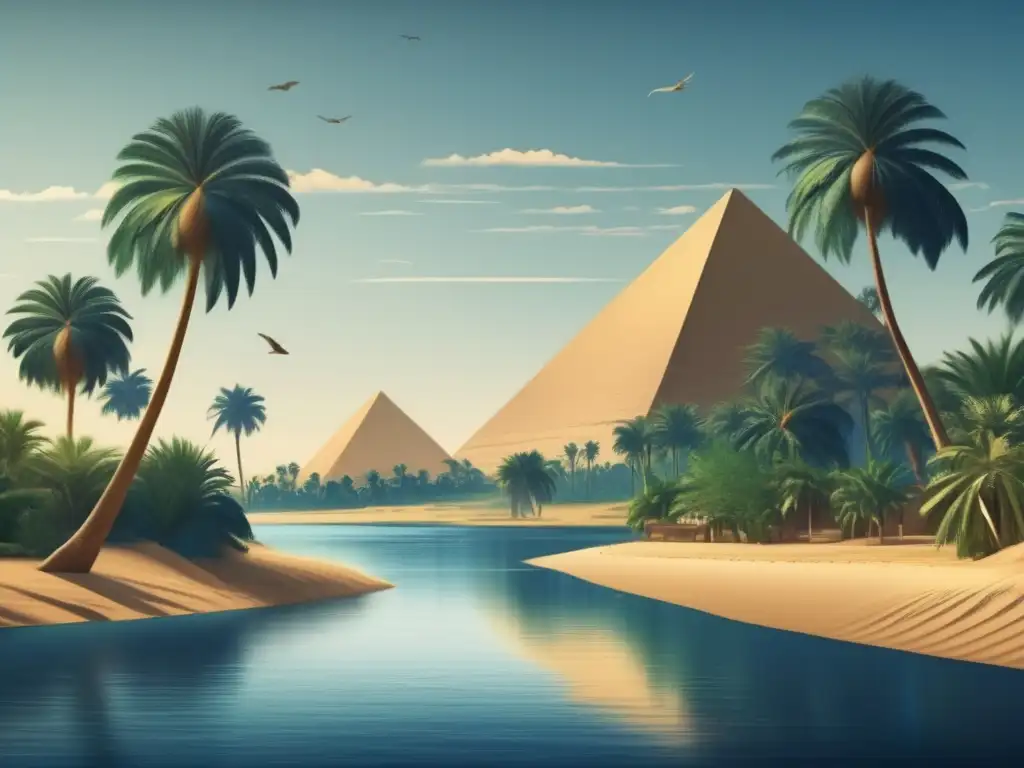 Una ilustración vintage detallada que transporta a la Importancia del Nilo en Egipto durante el Periodo Predinástico