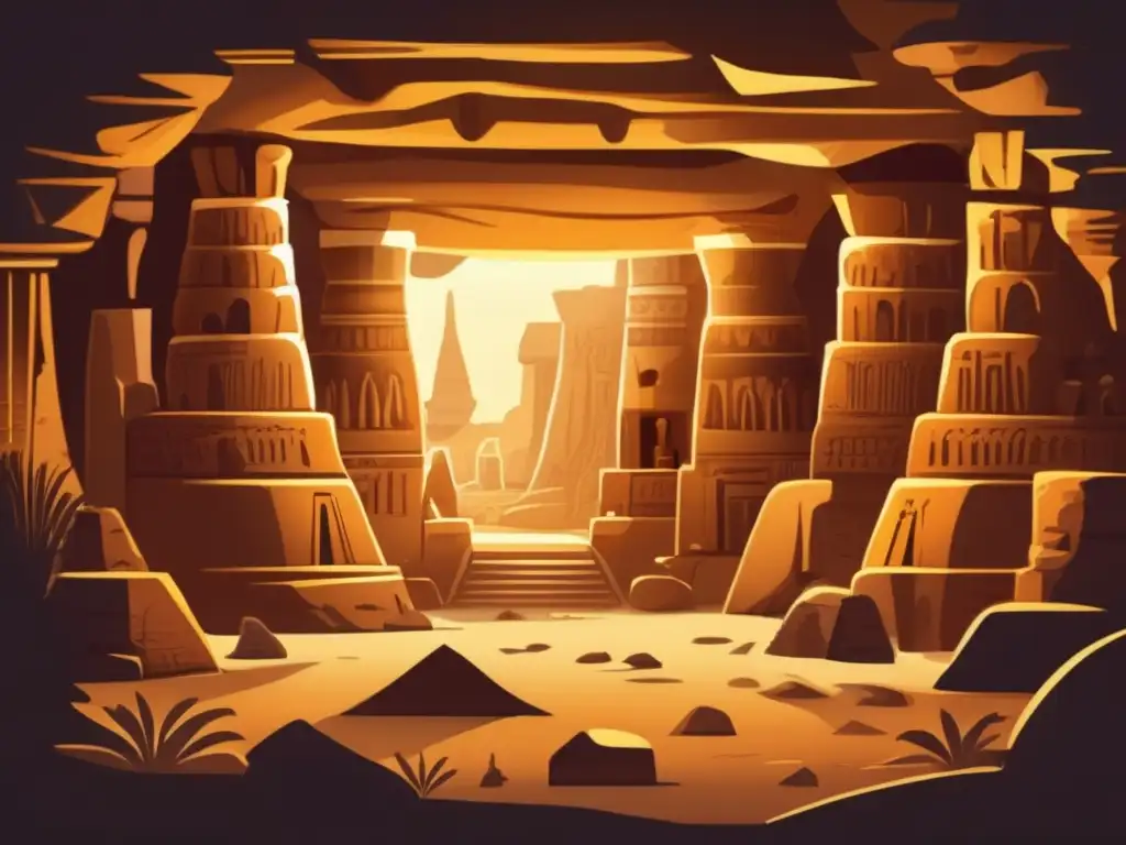 Una ilustración vintage detallada que muestra una majestuosa caverna subterránea en el antiguo Egipto