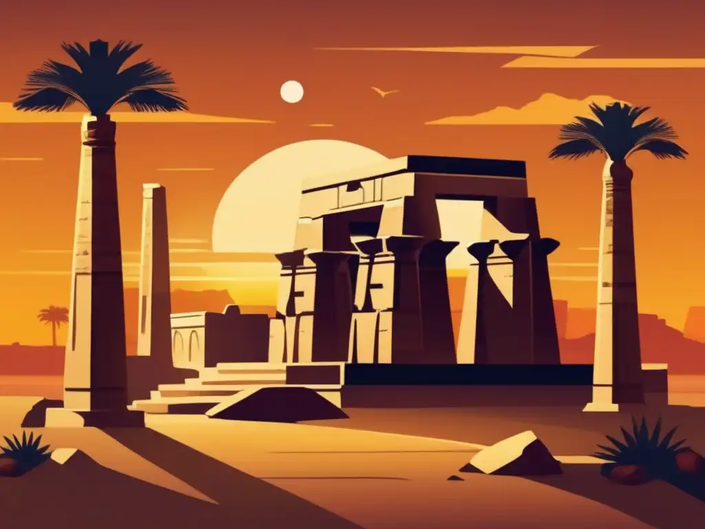 Una ilustración vintage detallada muestra el majestuoso Templo de Karnak al atardecer