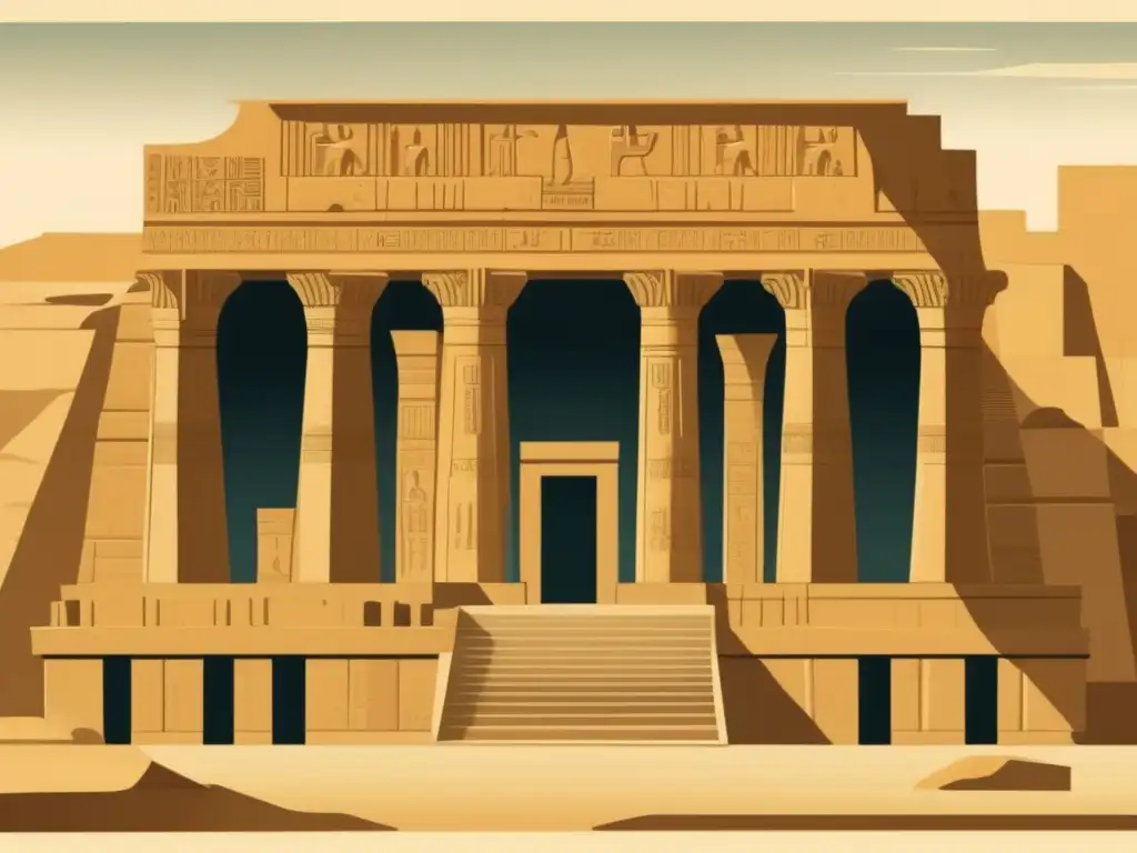 Una ilustración vintage detallada del Templo de Dendera, resaltando la grandeza y complejidad arquitectónica del templo