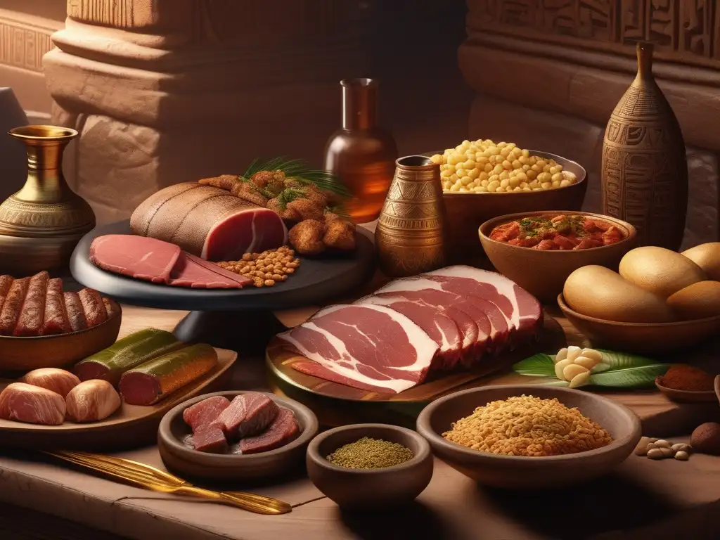 Una ilustración vintage detallada en 8k que muestra la variedad de carnes consumidas en el Antiguo Egipto