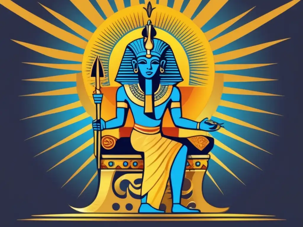 Una ilustración vintage bellamente elaborada que muestra al majestuoso dios del sol Ra sentado en un trono dorado, irradiando rayos de luz vibrantes