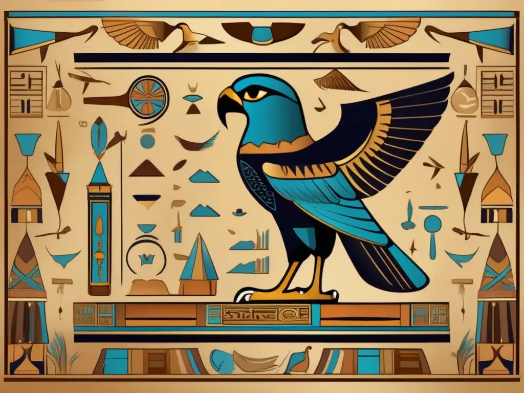Una ilustración vintage bellamente elaborada que representa un panel de jeroglíficos egipcios en diseño moderno