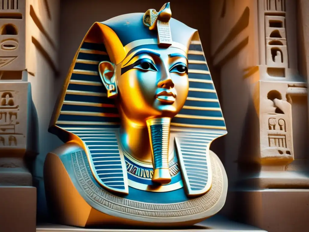 Una fotografía vintage bellamente envejecida de un majestuoso busto egipcio real adornado con intrincados jeroglíficos y símbolos