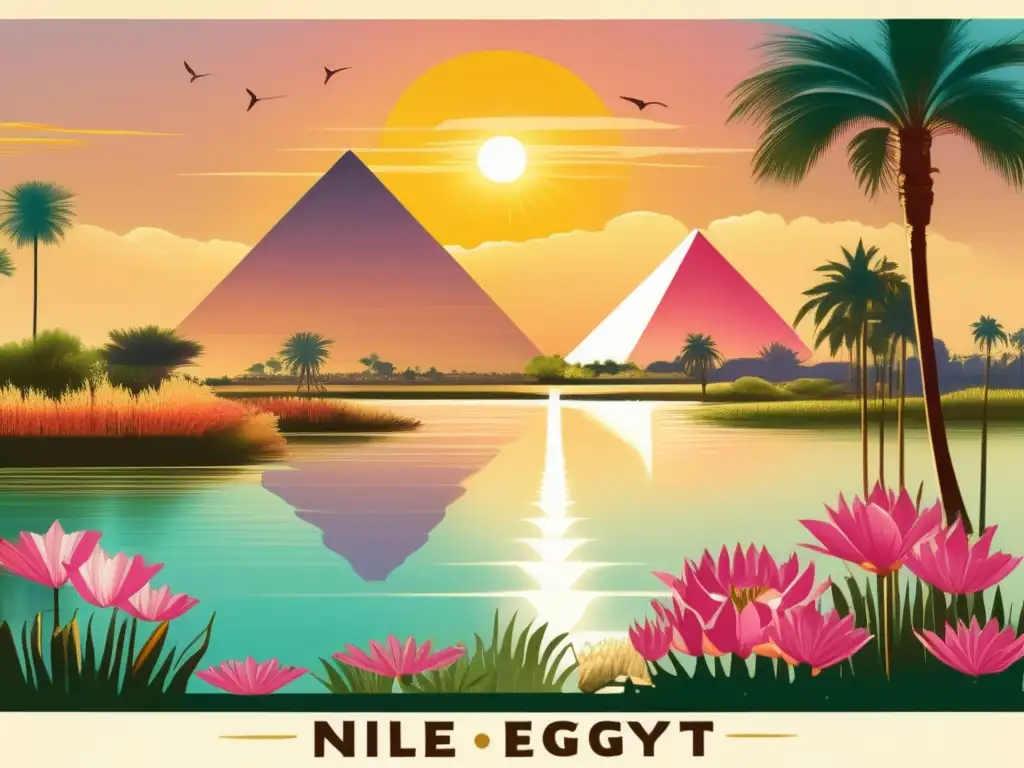 Una ilustración vintage exquisita muestra la encantadora ecología del Nilo en el antiguo Egipto