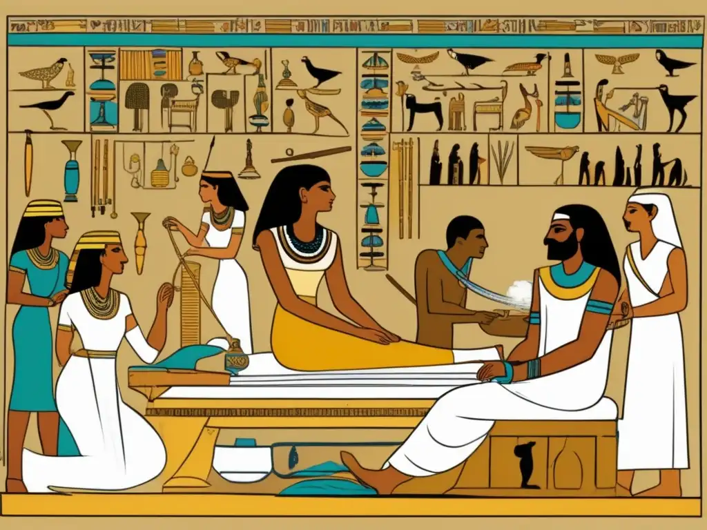 Una ilustración vintage exquisita muestra una escena bulliciosa en el antiguo Egipto, destacando la medicina preventiva