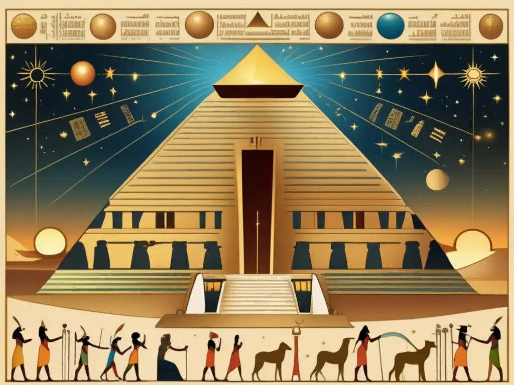 Una ilustración vintage exquisita muestra una escena fascinante de Egipto antiguo, destacando la impactante astrología egipcia en el mundo moderno