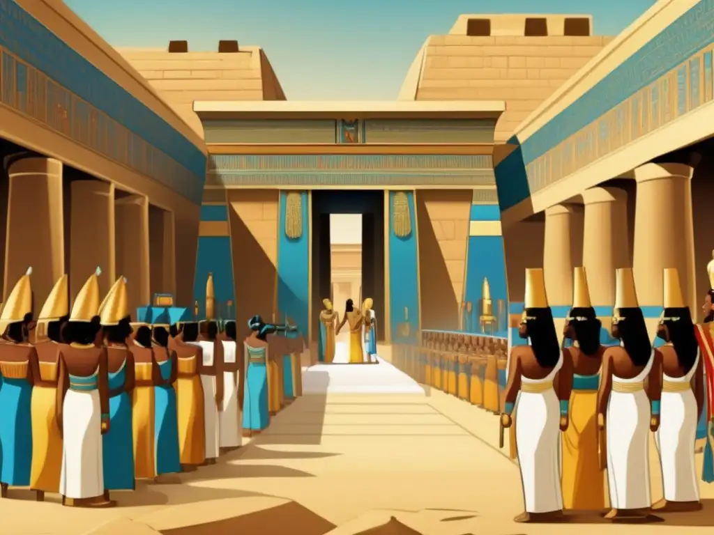 Esplendor de ceremonias egipcias: Corte del Faraón en un vibrante desfile Una ilustración vintage exquisita muestra la grandeza de las ceremonias y celebraciones en el antiguo Egipto